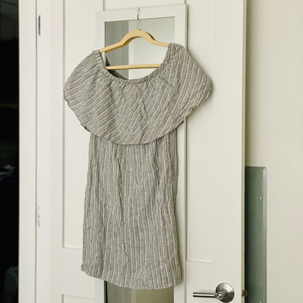 Linen Striped Off Shoulder Grey Dress